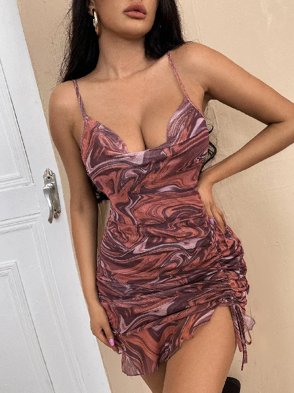 Graphic Drawstring Sleeveless Spaghetti Strap Pencil High Waist Short Dress Compression