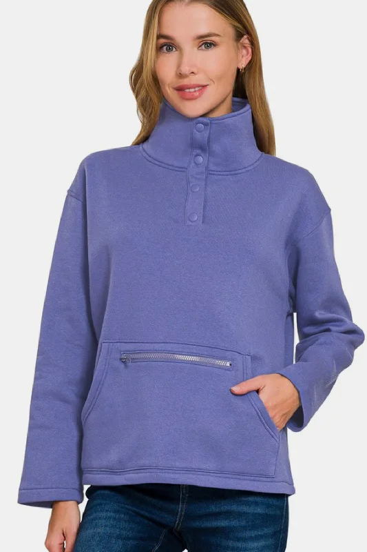 Zenana Turtleneck Half Snap Fleece Sweatshirt Athletic Women's High - 