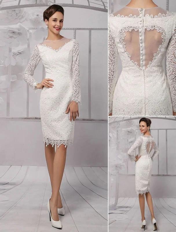 Simple Wedding Dresses 2021 Short Long Sleeve Illusion Neckline Koyhole Knee Length Sheath Bridal Dress Exclusive Relaxed Women's Beachy