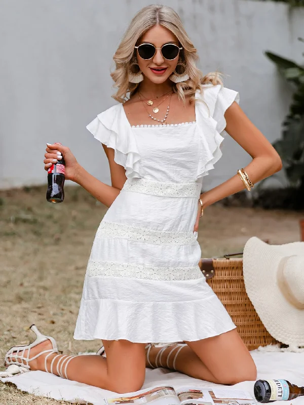 Plain Tie Back Cap Sleeve Square Neck Flounce High Waist Short Dress Elegant Women's Formal 