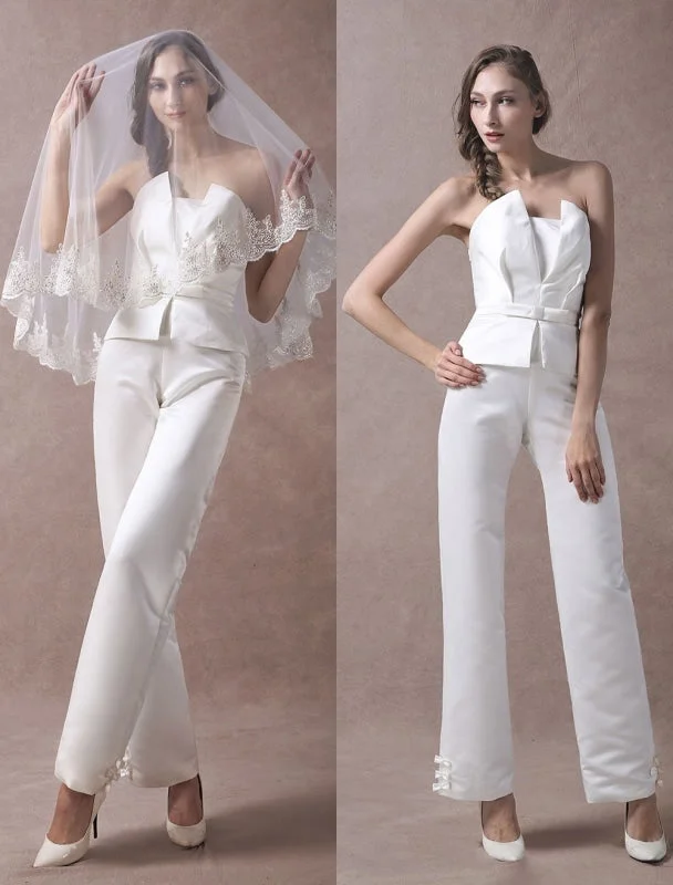 Wedding Jumpsuits Ivory Strapless Peplum Satin Bow Sash Long Bridal Jumpsuits Exclusive Scandinavian