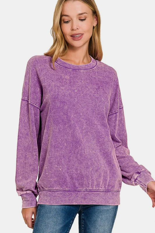 Zenana Washed Round Neck Dropped Shoulder Sweatshirt Tough Women's Military - inspired