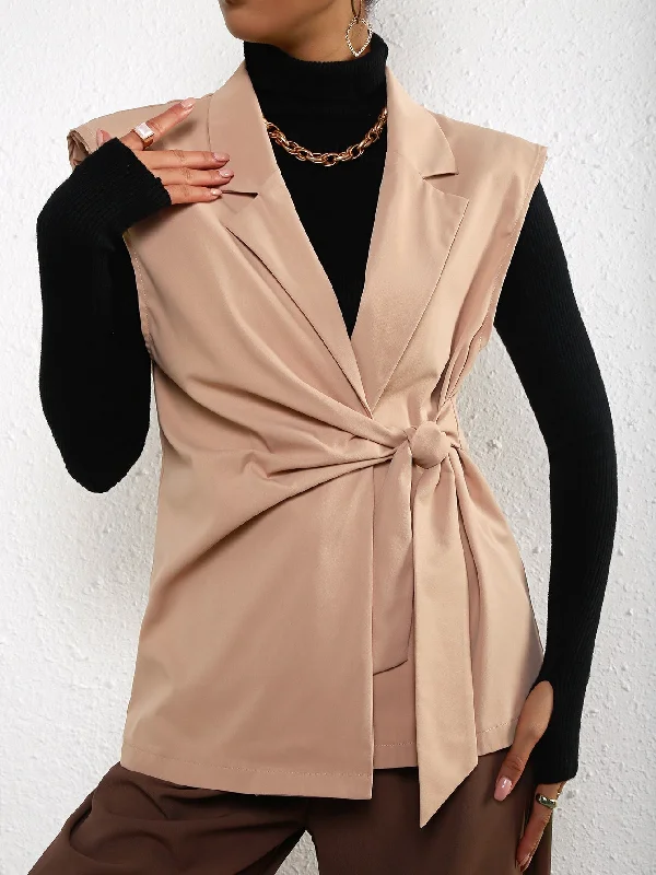 Elegant Plain Belted Sleeveless Lapel Regular Women Blazer Vacation
