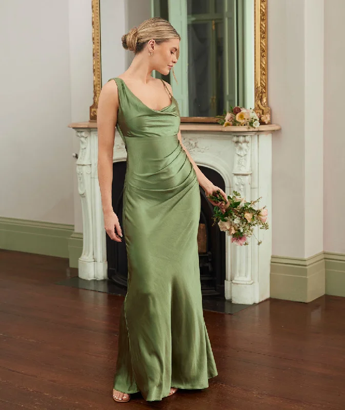 Cowl Front Asymmetrical Satin Bridesmaid Dress - Moss Green Sophisticated Women's 