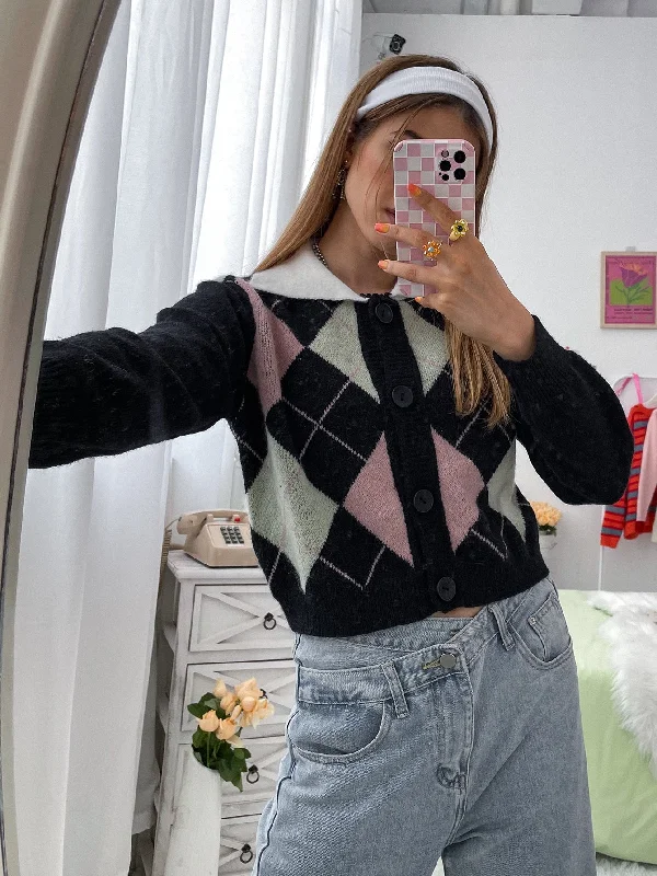 Casual Geometric Button Front Long Sleeve Collar Regular Women Cardigan Confident Women's High - fashion