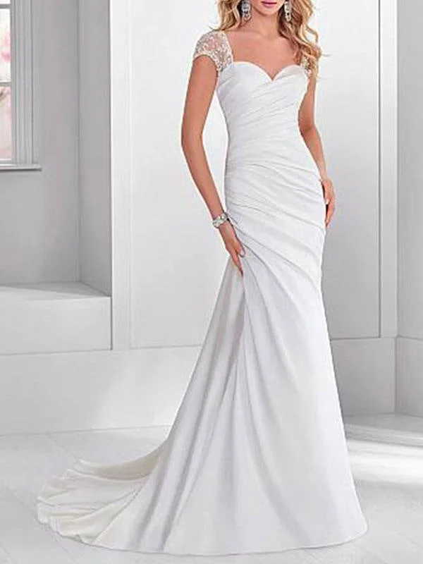 Simple Wedding Dress Lycra Spandex Sweetheart Neck Short Sleeves Beaded Mermaid Bridal Dresses Refined Women's 
