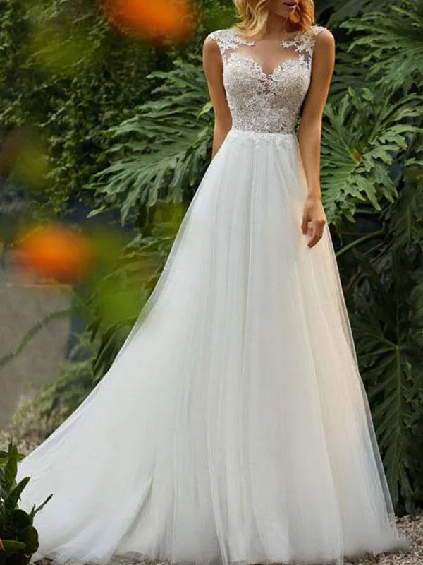 Wedding Dresses 2021 A Line Illusion Neck Sleeveless Floor Length Lace Beaded Tulle Boho Bridal Gowns Laid - back Women's Style