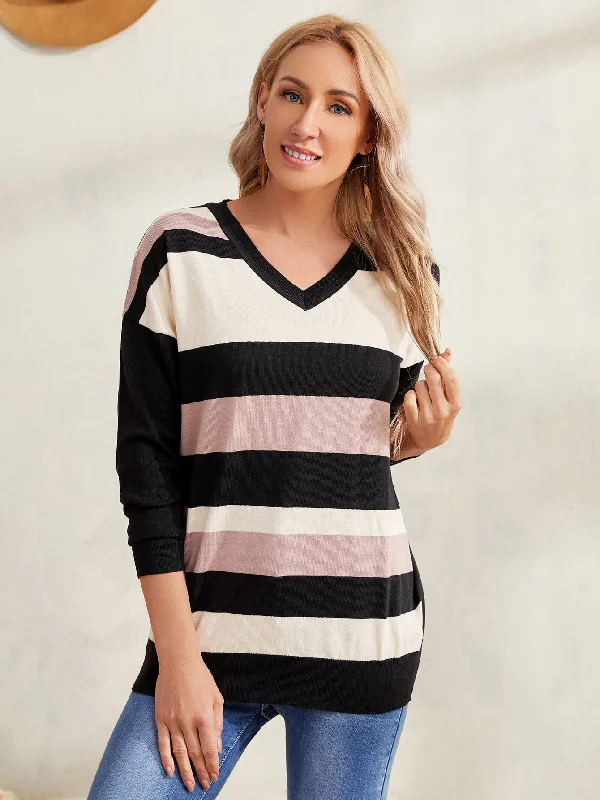 Casual Colorblock Long Sleeve V Neck Regular Women Sweater Artistic Women's Hand - painted