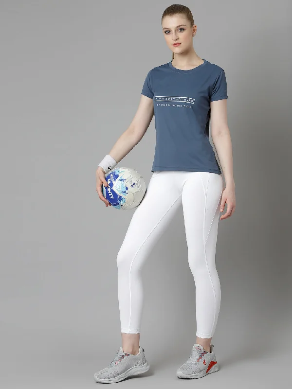 JUMP USA Women Ensign Blue Typography Printed Polyester T-shirt Unique Women's Upcycled