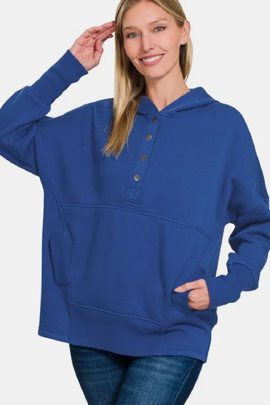 Zenana Half Snap Long Sleeve Hoodie with Kangaroo Pocket French