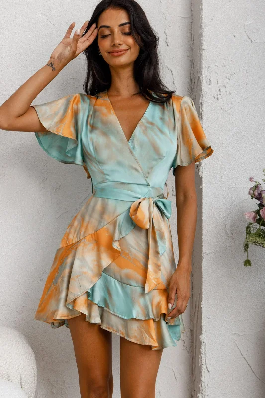 Cami Angel Sleeve Faux Wrap Dress Tie-Dye Print Aqua/Orange Hip Women's Urban