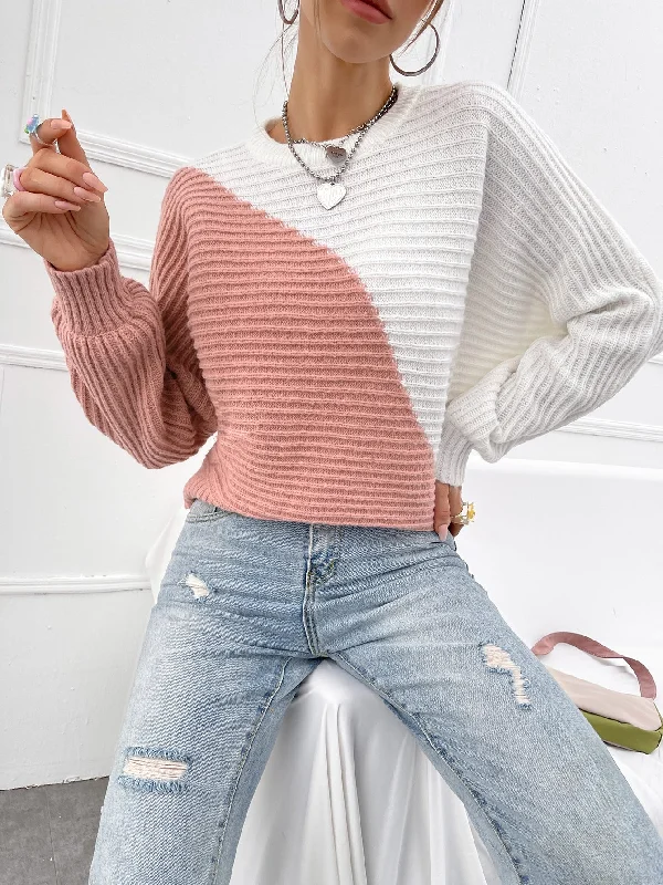 Casual Colorblock Rib-Knit Long Sleeve Stand Collar Regular Women Sweater Sophisticated Women's Tailored