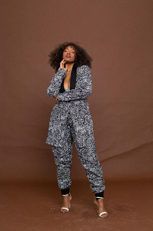 Adora Adire Longline Jacket | Black and White African Print Cozy Women's Sherpa - lined