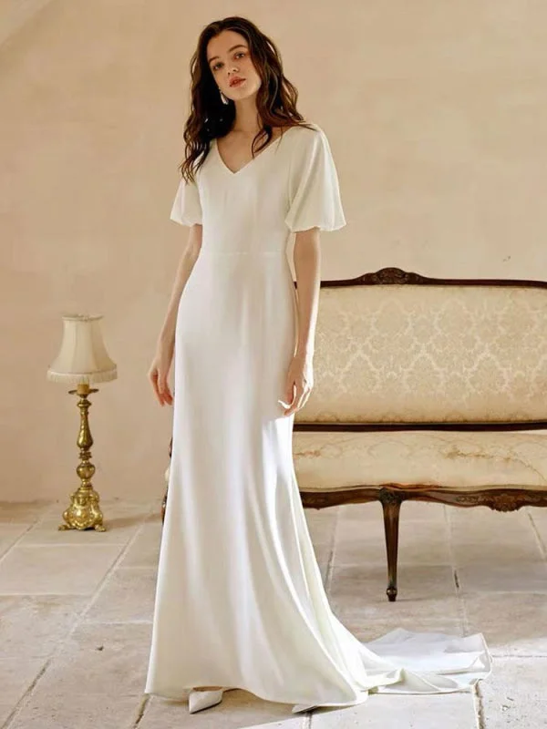 White Simple Wedding Dress With Train A-Line Mermaid V-Neck Short Sleeves Polyester Bridal Dresses Country