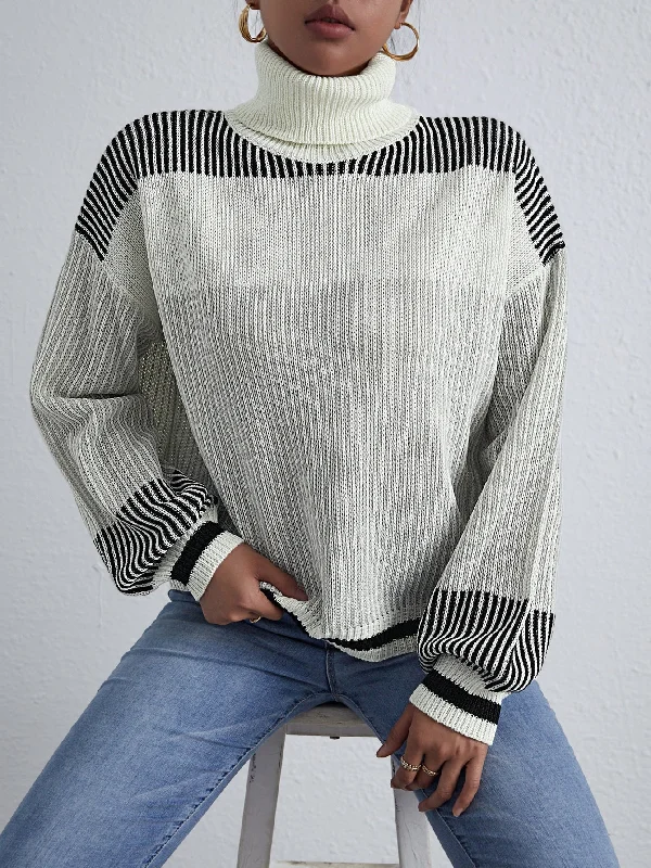 Casual Striped Long Sleeve High Neck Regular Women Sweater Trendy Women's Oversized