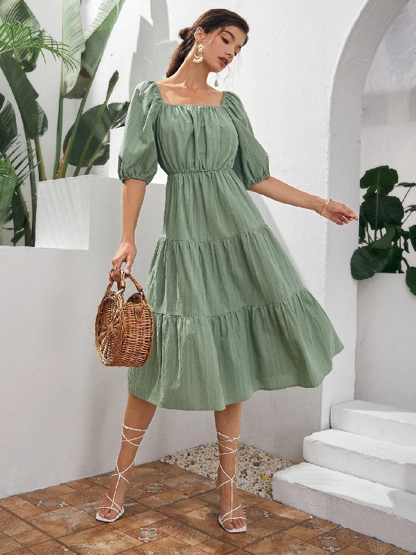 Plain Ruffle Hem Half Sleeve Square Neck Flounce High Waist Long Dress Hip Women's Retro