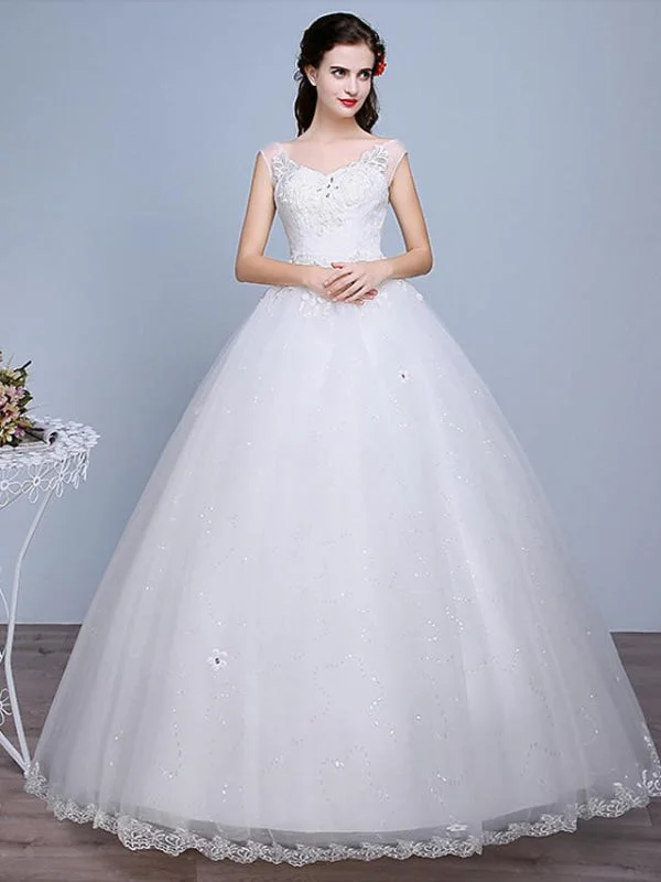 Ball Gown Wedding Dresses Sweetheart Neckline Floor Length Lace Tulle Polyester Sleeveless Romantic Glamorous Sexy Cozy Women's Winter