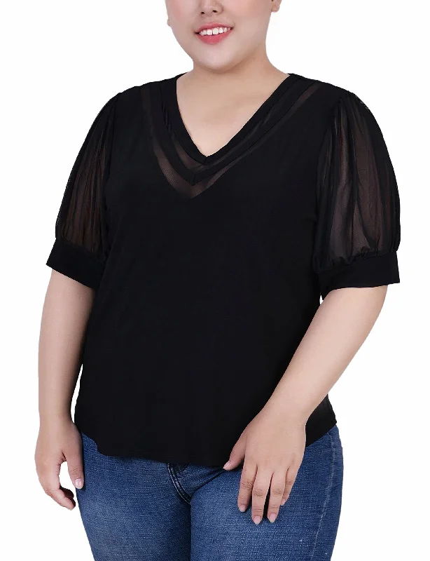 Plus Size Short Puff Sleeve V Neck Top Hip Women's Urban