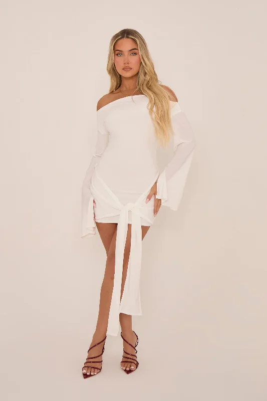 White Long Flared Sleeves Drape Detail Bodycon Mini Dress - Maya Country