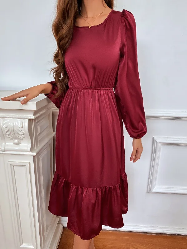 Plain Ruffle Hem Long Sleeve Scoop Neck Flounce High Waist Midi Dress Practical Women's Quick - dry