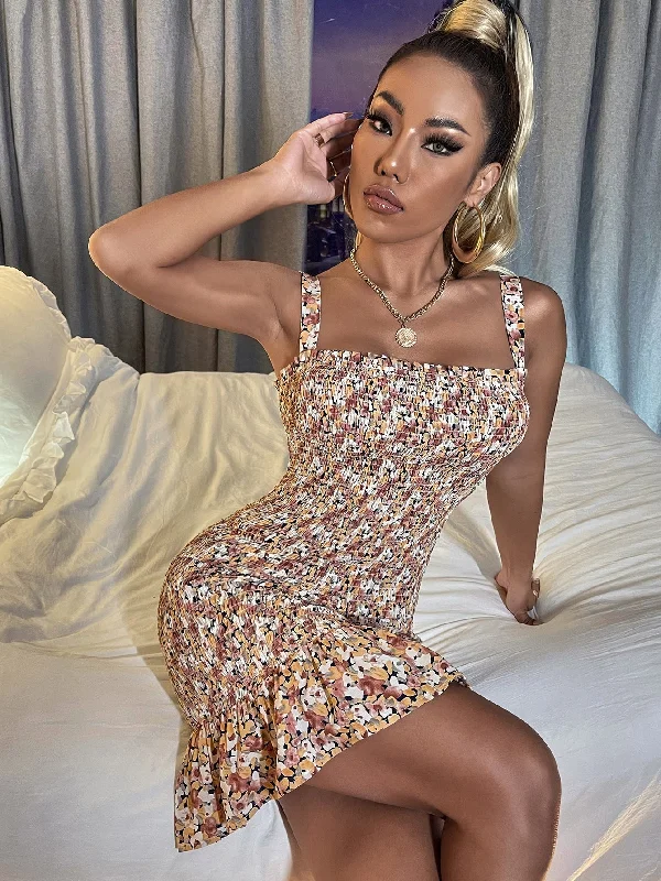 All Over Print Shirred Sleeveless Straps Flounce Natural Short Dress Business