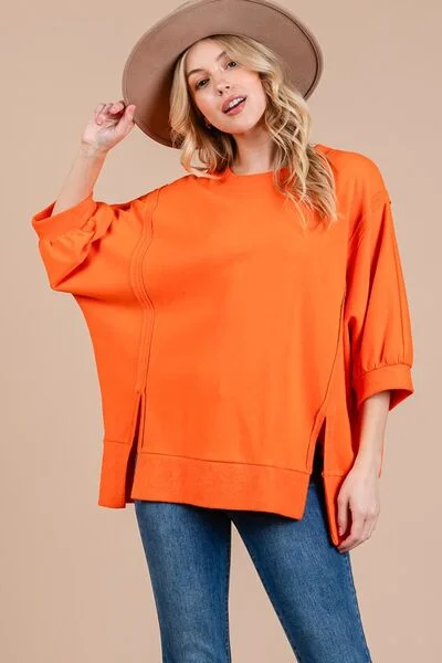 Ces Femme Side Slit Drop Shoulder Puff Sleeve Sweatshirt British Gentlewoman Style