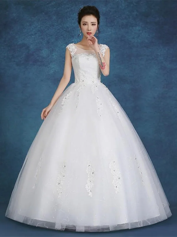 Ball Gown Wedding Dresses Scoop Neck Floor Length Satin Tulle Cap Sleeve Romantic See-Through Backless Relaxed Women's 