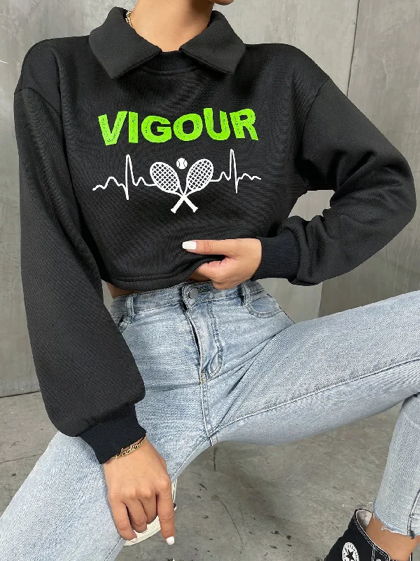 Casual Graphic Long Sleeve Collar Crop Women Sweatshirt Bold Women's Statement