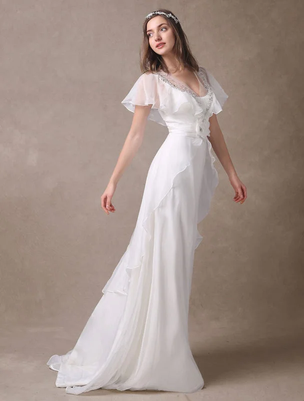 Glamorous Court Train Ivory Bridal Wedding Dress With Beading V-Neck Exclusive Gym