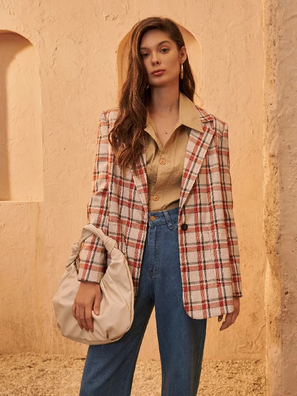 Preppy Plaid Button Front Long Sleeve Lapel Slit Long Women Blazer Polished Women's Silk