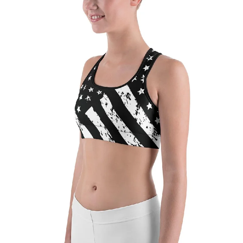 Black & White American Flag Sports Bra Tough Women's Military - inspired