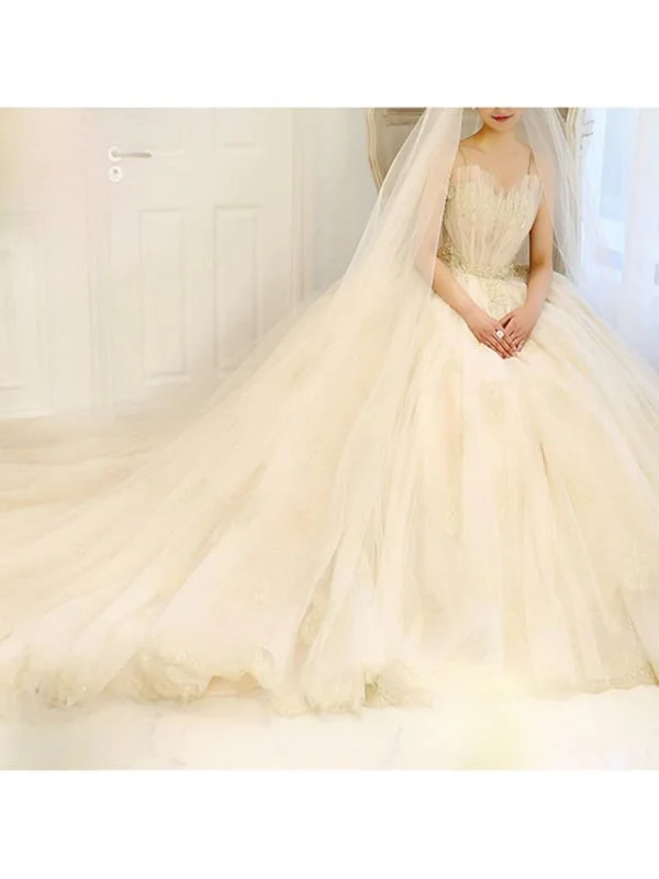 A-Line Wedding Dresses V Neck Cathedral Train Lace Spaghetti Strap Monochromatic Office Style