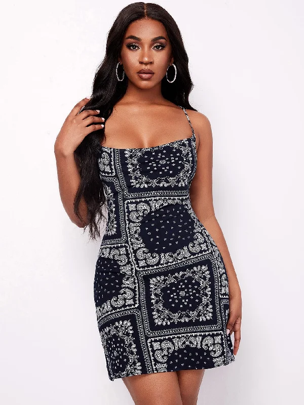 Scarf Print Lace Up Sleeveless Spaghetti Strap Straight Natural Short Dress Scandinavian