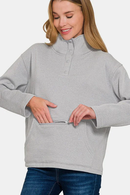 Zenana Turtleneck Half Snap Fleece Sweatshirt Youthful Women's Pop