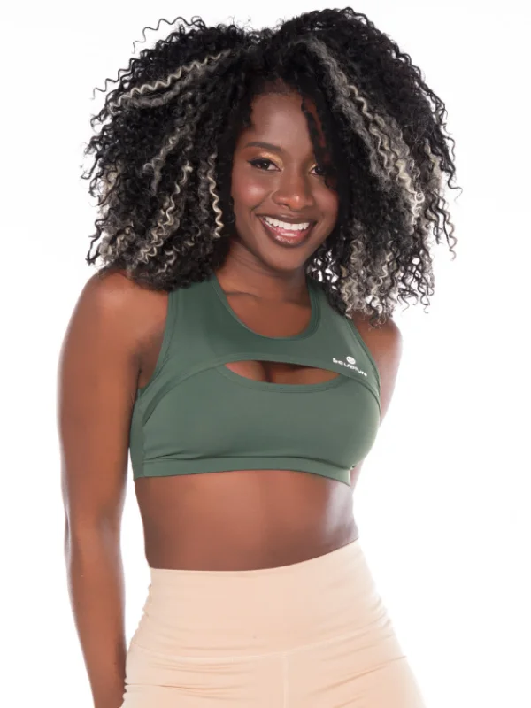Front Cut Sport Bra- Green Army Confident Women's High - fashion
