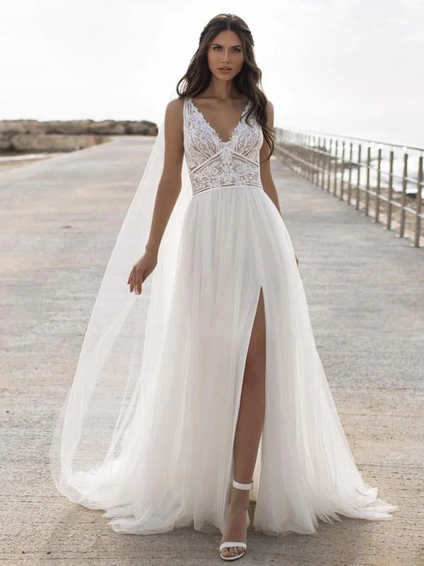 White Simple Wedding Dress V-Neck Sleeveless Backless Natural Waist Lace Chiffon A-Line Long Bridal Dresses Dapper Women's Bow - adorned