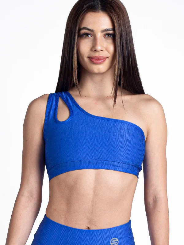 Monogram One Shoulder Top-Blue Geometric