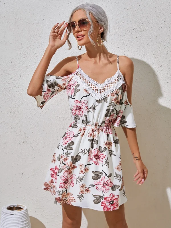 Floral Contrast Lace Half Sleeve Cold Shoulder Flared High Waist Short Dress performance