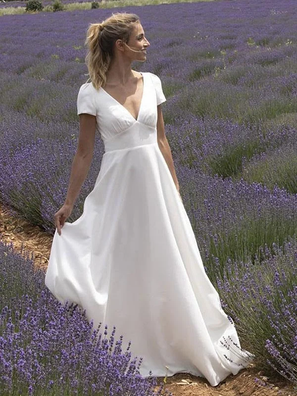 Wedding Dress With Train V Neck Short Sleeves Buttons Floor Length Bridal Dresses Streetwear Style for 