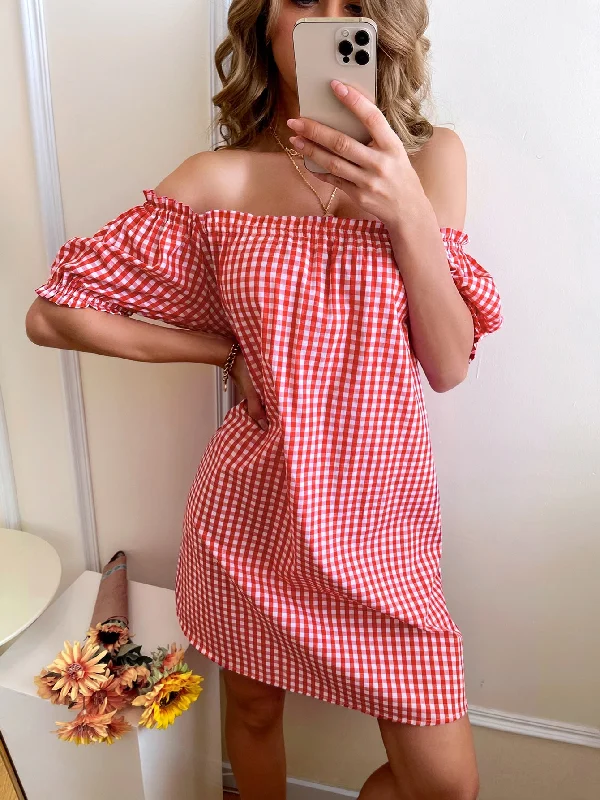 Gingham Frill Short Sleeve Off The Shoulder Straight Natural Short Dress Polished Women's Silk