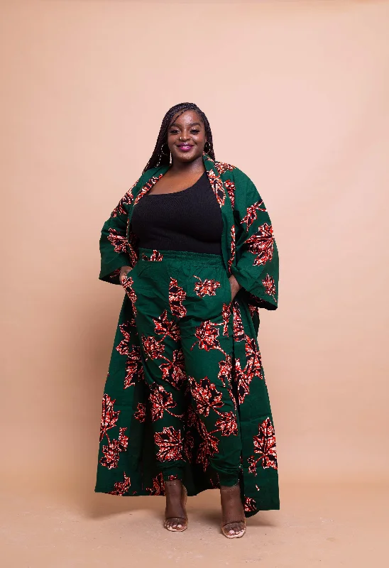 Akan Ankara Long Kimono Jacket | Green African Print Women