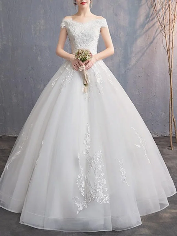 A-Line Wedding Dresses Off Shoulder Floor Length Tulle Cap Sleeve garde