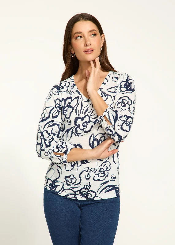 3/4 Sleeve V-Neck Top, Rosette Print Monochromatic All - in - one