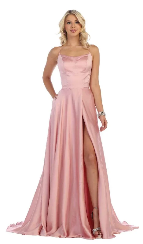 May Queen - MQ1642 Halter Neck Tie String Back A-Line Satin Gown Earthy Women's Hemp - based