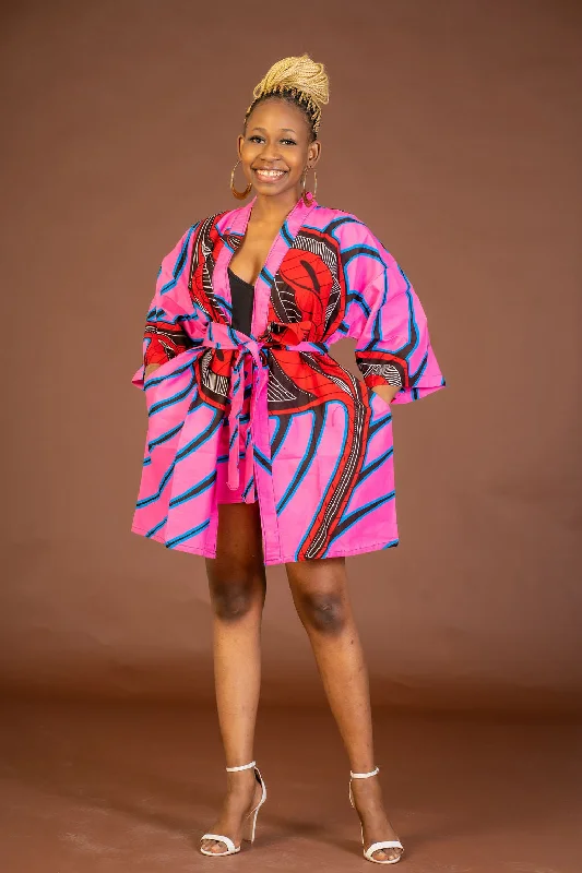 Aniebiet Ankara Short Kimono Jacket | Pink African Print Youthful Women's Anime - inspired