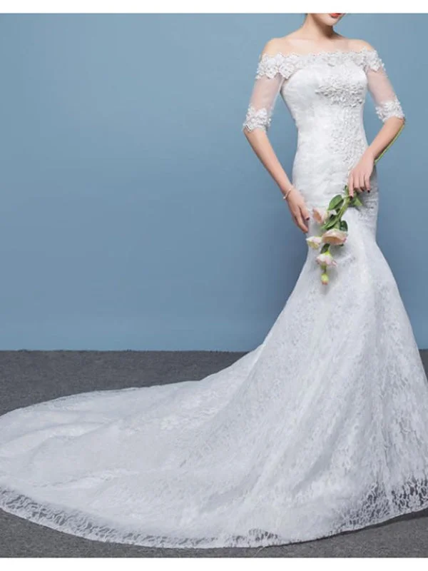 Mermaid \ Trumpet Wedding Dresses Off Shoulder Floor Length Lace Tulle Sleeveless Formal Plus Size Scandinavian
