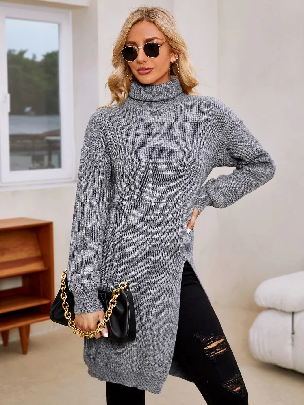 Casual Plain Split Long Sleeve Funnel Neck Slit Long Women Sweater Sleek Women's 