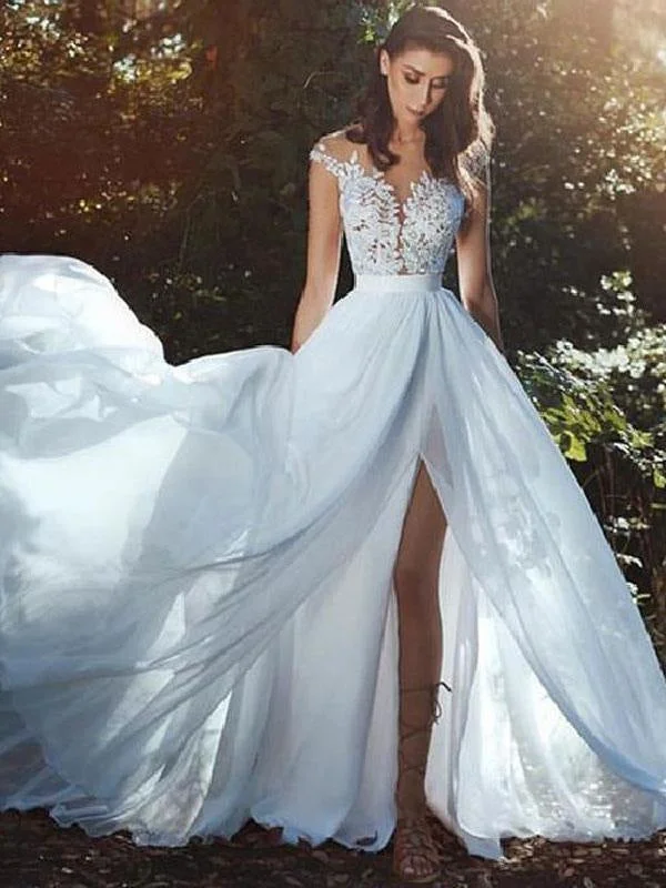 Wedding Dresses With Court Train A-Line Sleeveless Applique Illusion Neckline Bridal Gowns Classic Women's Pin - striped