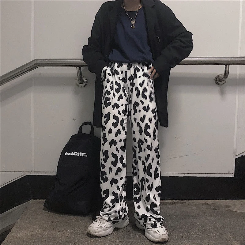 Black and white elastic waist wide leg pants PL20921 Laid - back Women's Vibe