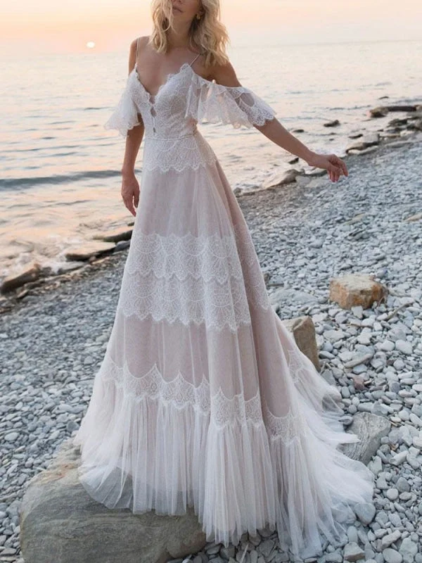 Boho Wedding Dresses | A Line Deep V Neck Straps Lace Short Sleeve Bridal Gown For Beach Wedding With Sweep Train Dynamic Women's Moto